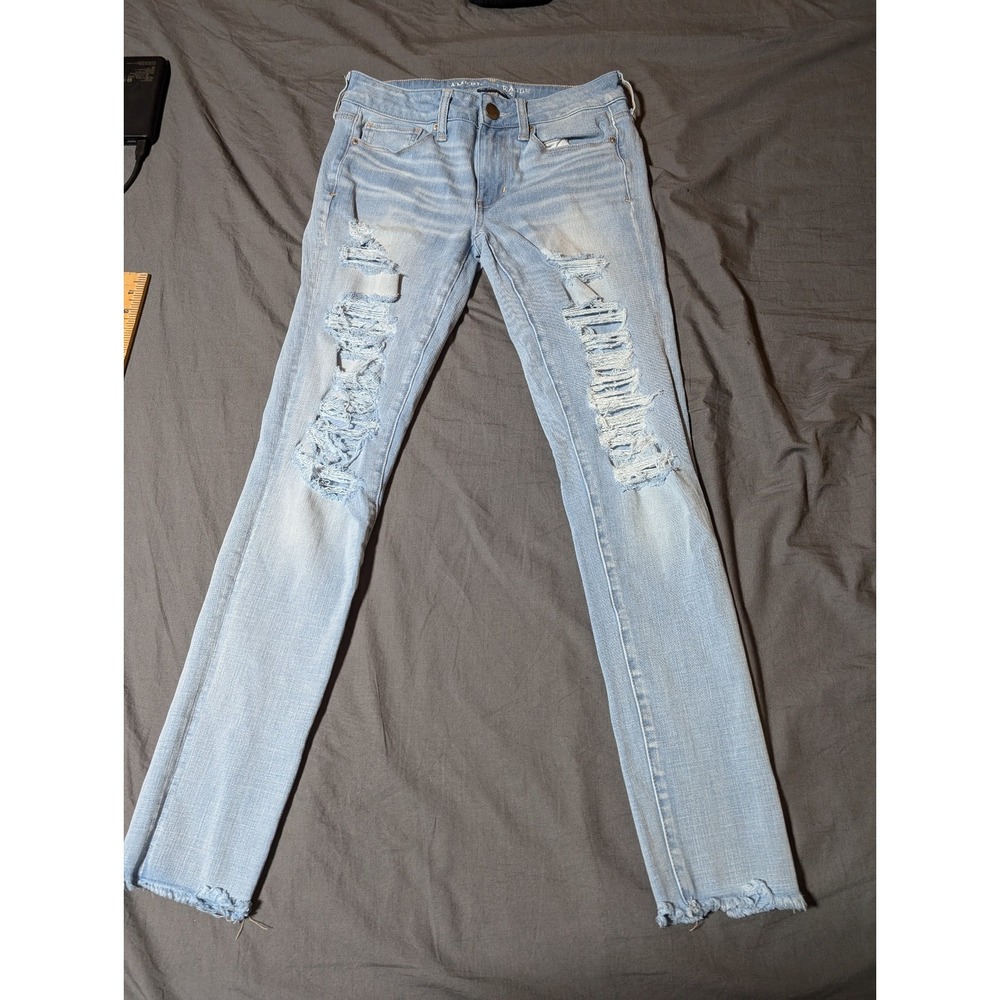 American Eagle 360 Super Stretch Women Skinny Jeans Aeo Denim X4 Sz 6 Distressed